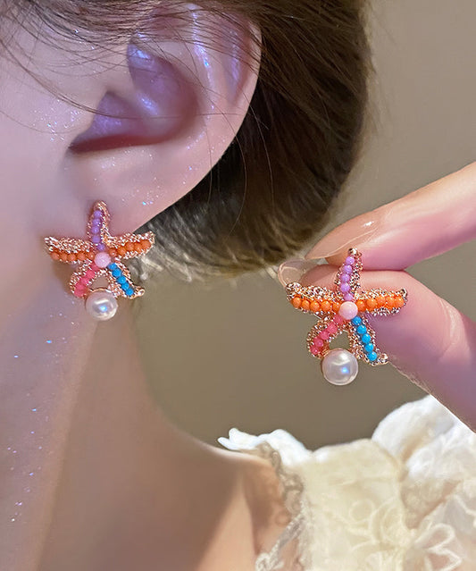 Rainbow Alloy Pearl Starfish Stud Earrings