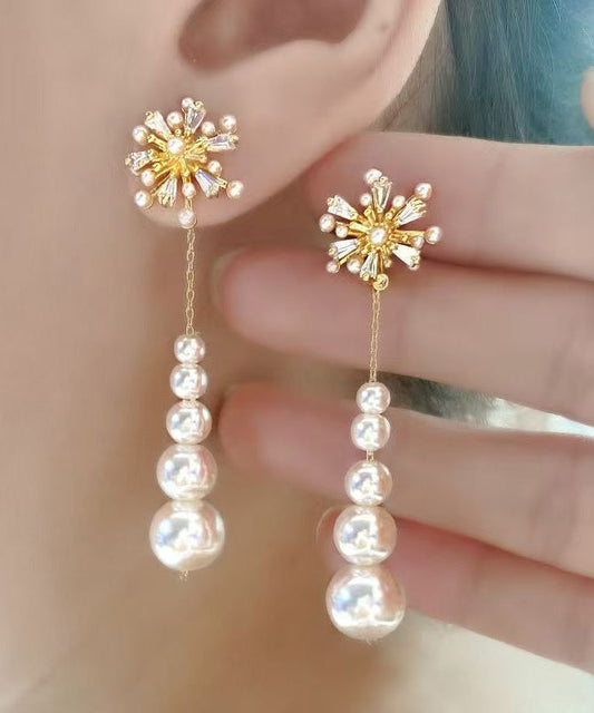 Gold Copper Overgild Pearl Zircon Tassel Drop Earrings