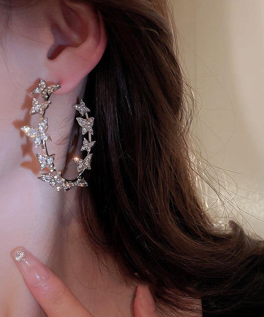 Silk Alloy Butterfly Patchwork Zircon C Shapes Hoop Earrings