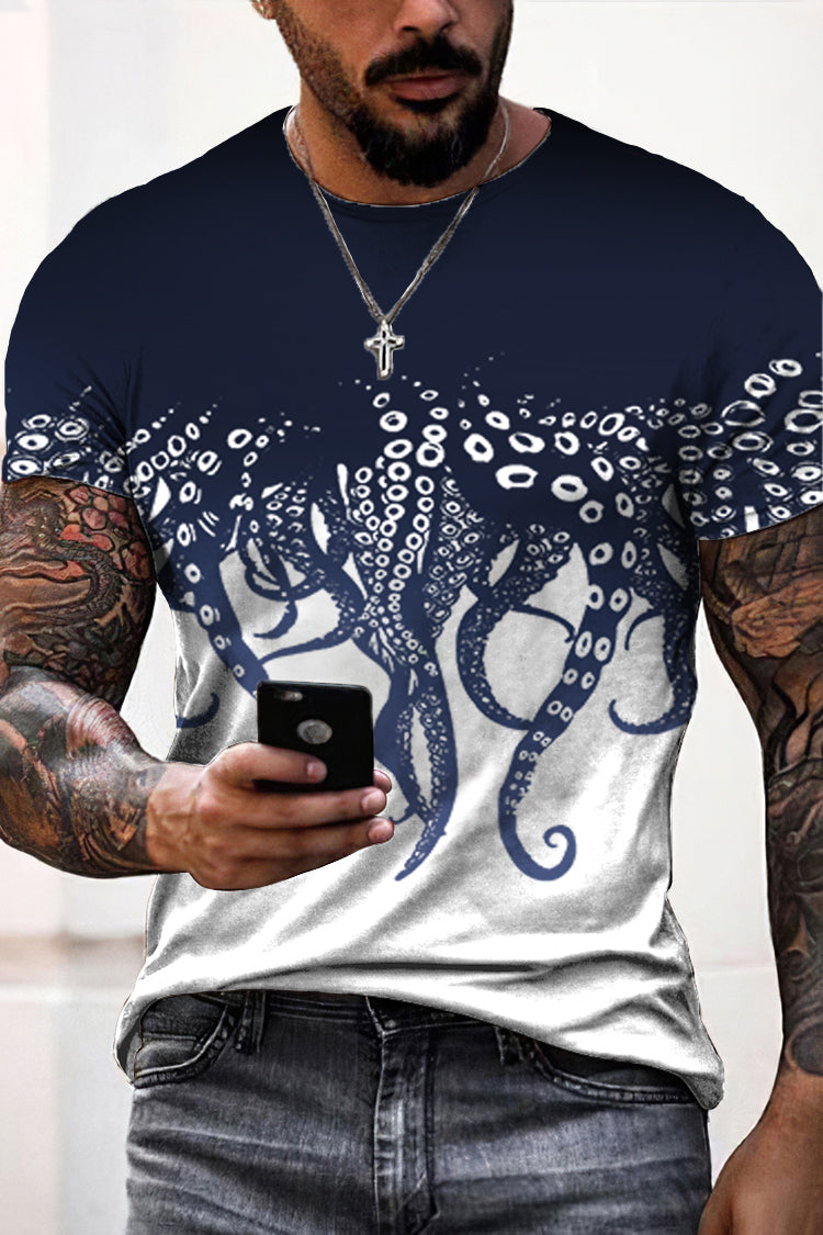 Men's Casual Japanese Art Ocean Octopus Print T-shirt