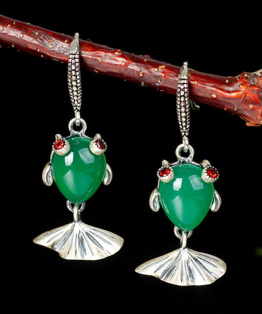 Green Sterling Silver Inlaid Gem Stone Chalcedony Goldfish Drop Earrings