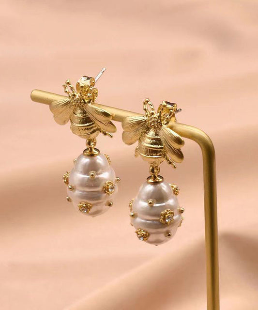 Classy Gold Copper Overgild Zircon Bee Pearl Drop Earrings