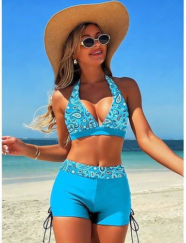 Bikini 2 Piece Swimsuit High Waist Backless Vacation Beach Wear Graphic Paisley V Neck Sleeveless Bathing Suits
