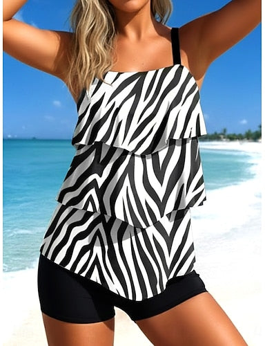 Tankini 2 Piece Swimsuit Colorblock High Waist Ruffle Layered Backless Vacation Beach Wear Ombre Graphic U Neck Sleeveless Bathing Suits