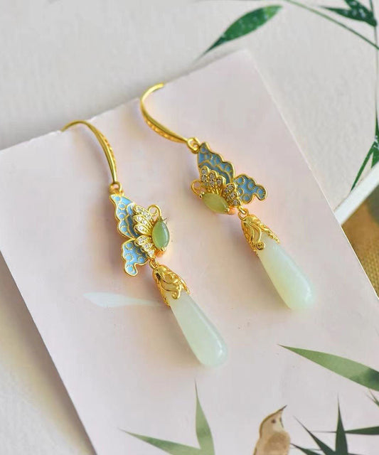 Gold Sterling Silver Overgild Zircon Jade Butterfly Drop Earrings