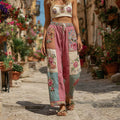 Classic Retro Rose And Floral Patchwork Art Linen Pants artswardrobe