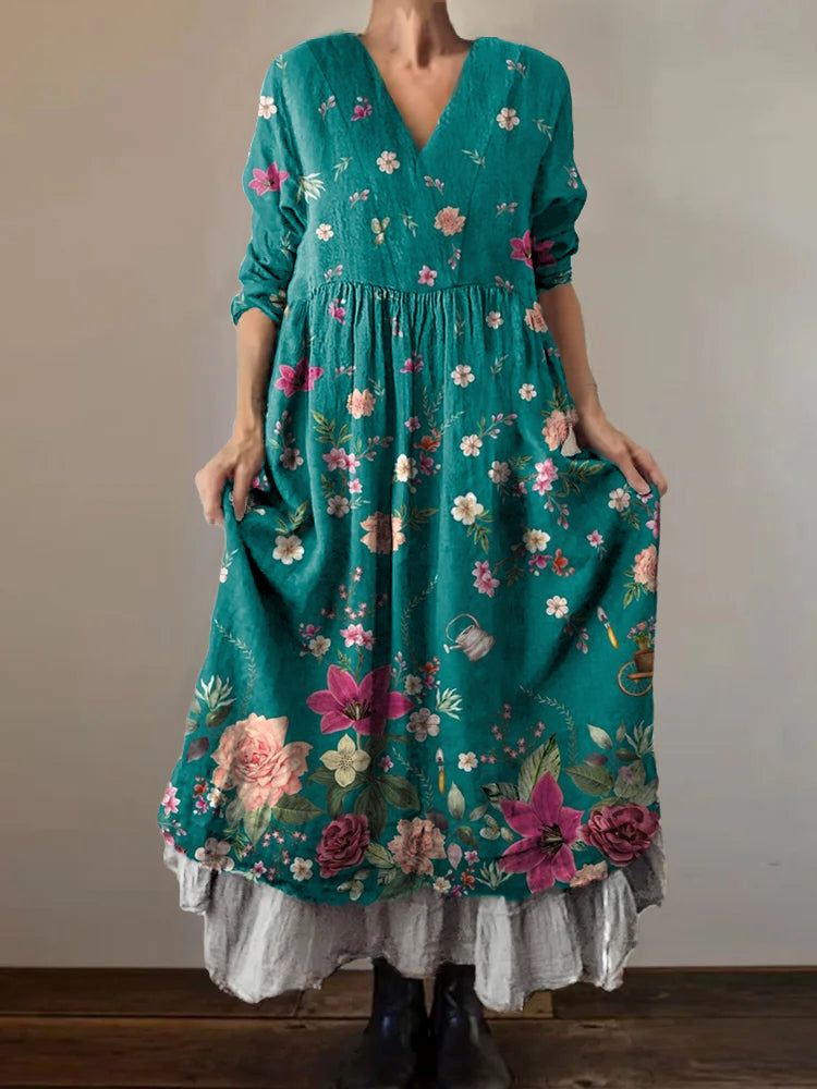 Women's Floral Art Print V-Neck Button Pocket Cotton Dress