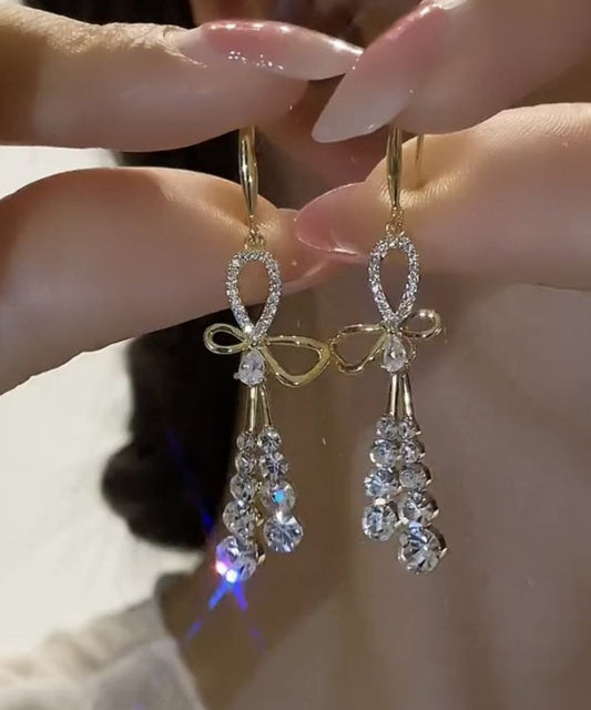 Gold Sterling Silver Overgild Zircon Bow Tassel Drop Earrings