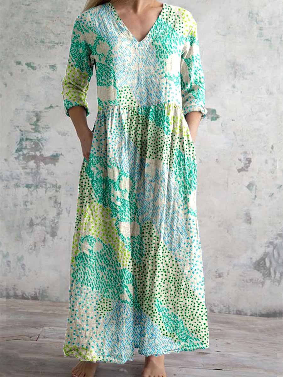 Women's Elegant Vintage Floral Pattern Cotton and Linen Dress with Poc