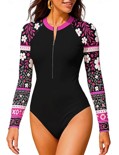 Regular Rash Guard Bathing Suit One Piece Swimsuit Color-blocking With Built in Bra Upf50+ Uv Protection Stretchy Long Sleeve Swimwear Bodysuit Surfing Beach Water Sports Summer