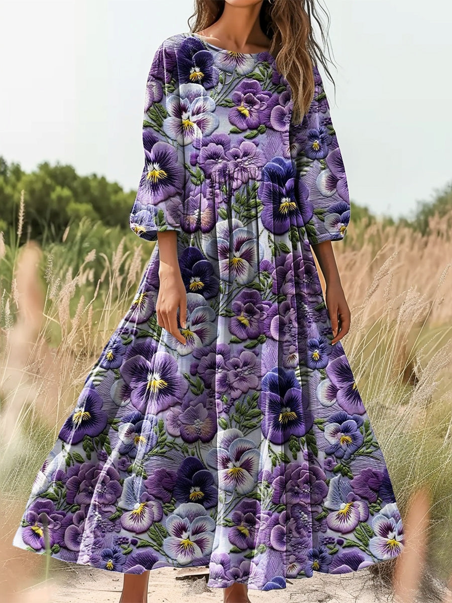 Women's Floral Print Flowy Cotton Crew Neck Dress artswardrobe