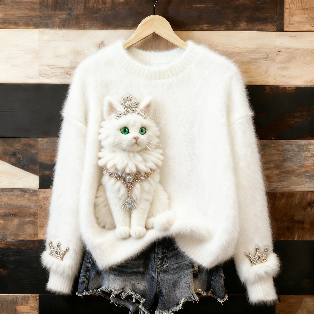 Cute Fluffy Cat Pattern Thick Pullover Sweater elevenforest