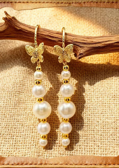Unique White Pearl Golden Butterfly Drop Earrings