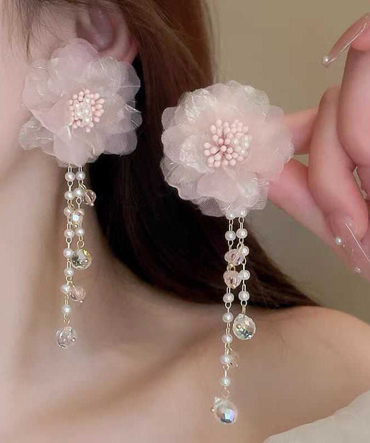Pink Crystal Pearl Tulle Tassel Drop Earrings