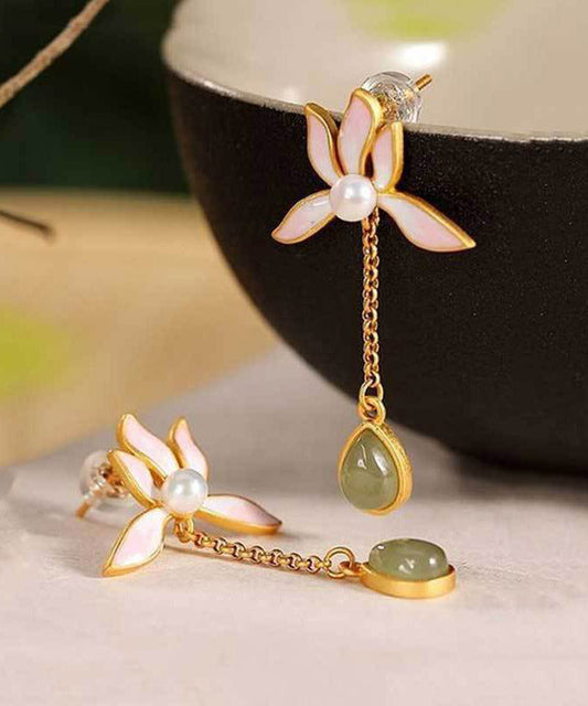 Pink Sterling Silver Overgild Inlaid Jade Drop Earrings
