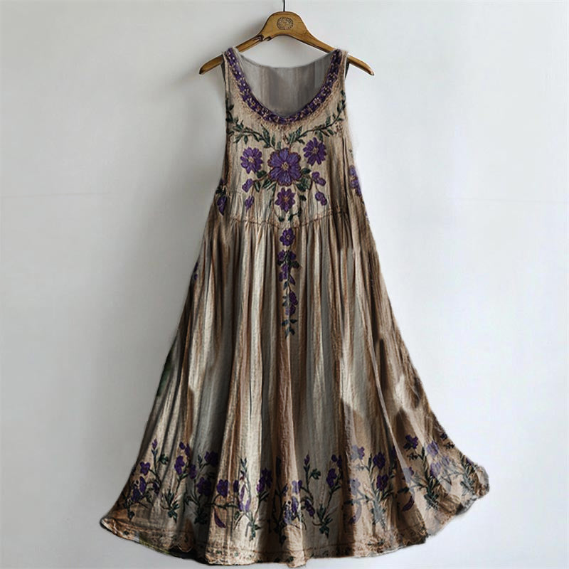 Women's Vintage Floral Pattern Art Print Round Neck Sleeveless Cotton