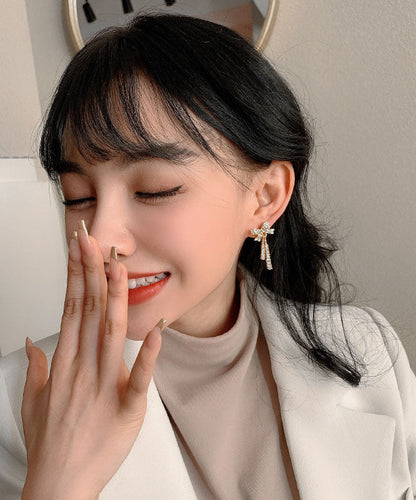 Gold Sterling Silver Alloy Zircon Bow Tassel Drop Earrings