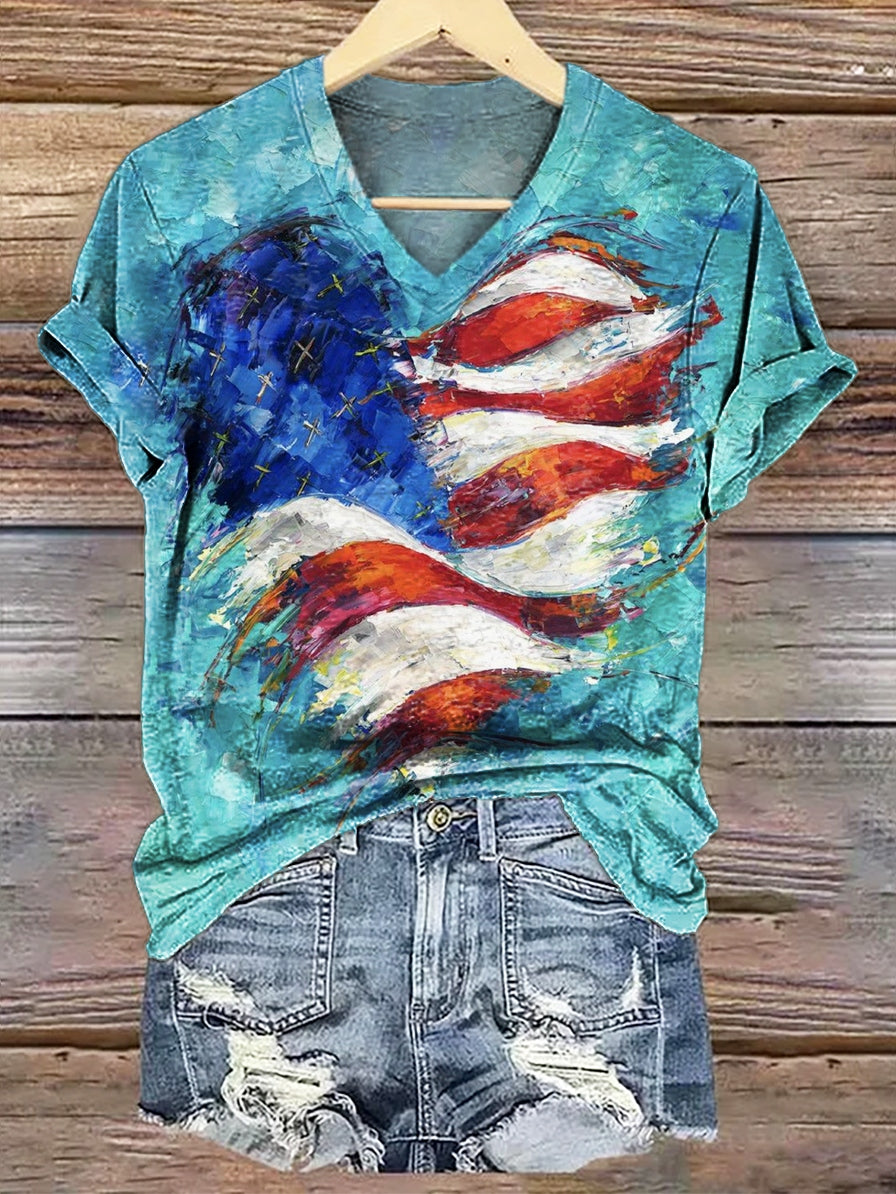 Women's Vintage Heart Flag Art Print V-neck Casual T-Shirt