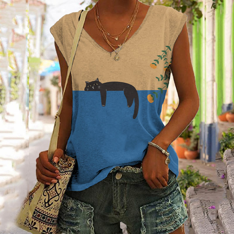 Abstract Creative Lazy Black Cat Art Painting Art Tank Top elevenforest