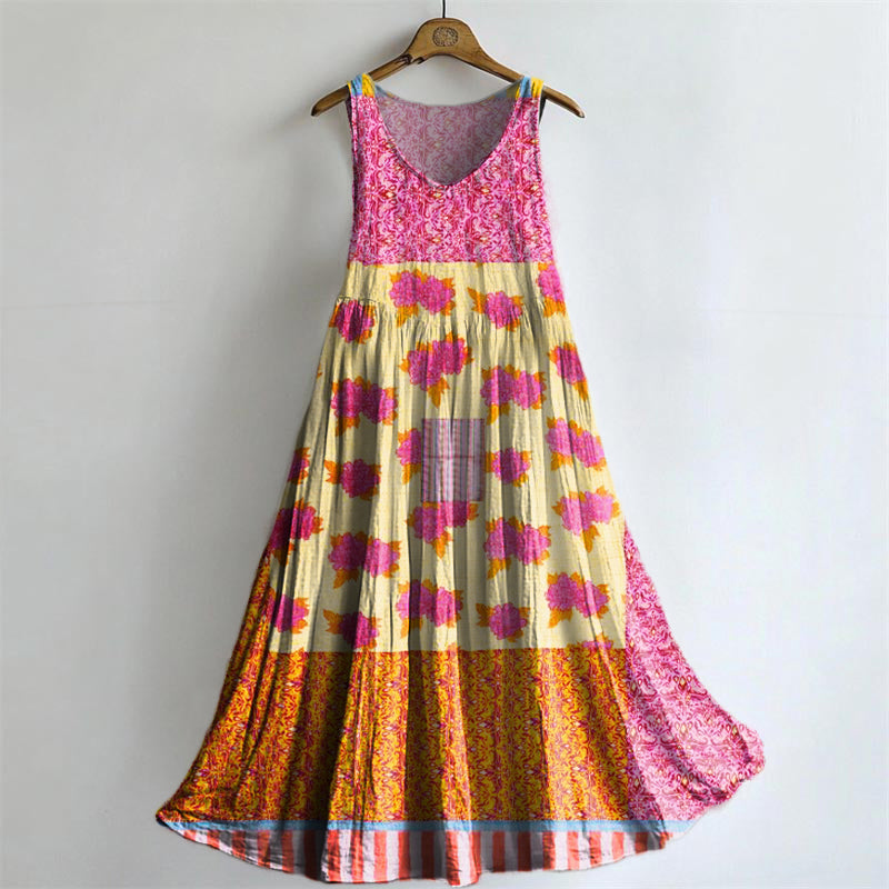 Women's Bohemian Floral Art Print Crew Neck Sleeveless Cotton Pocket D