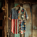 Men's Retro American Flag Independence Day Contrast Patchwork Pattern Linen Shirt artswardrobe