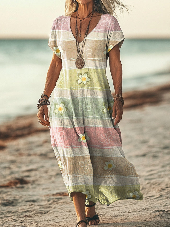 Women's Floral Stripe Pattern Art Print Pocket Cotton Dress