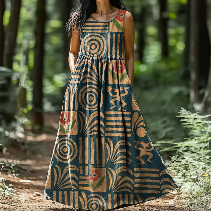 Women's Irregular Pattern Art Print Round Neck Vest Dresses