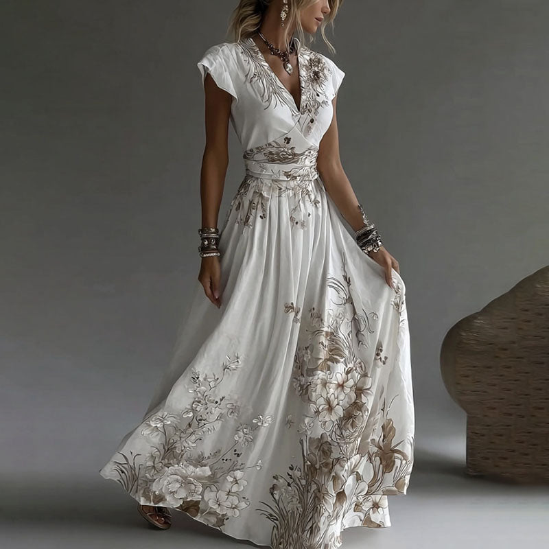 Women's Vintage Floral Pattern V Neck Short Sleeve Maxi Dress elevenforest
