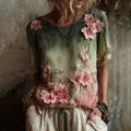 Vintage Cherry Blossom Gradient Art Pattern Linen T-shirt artswardrobe