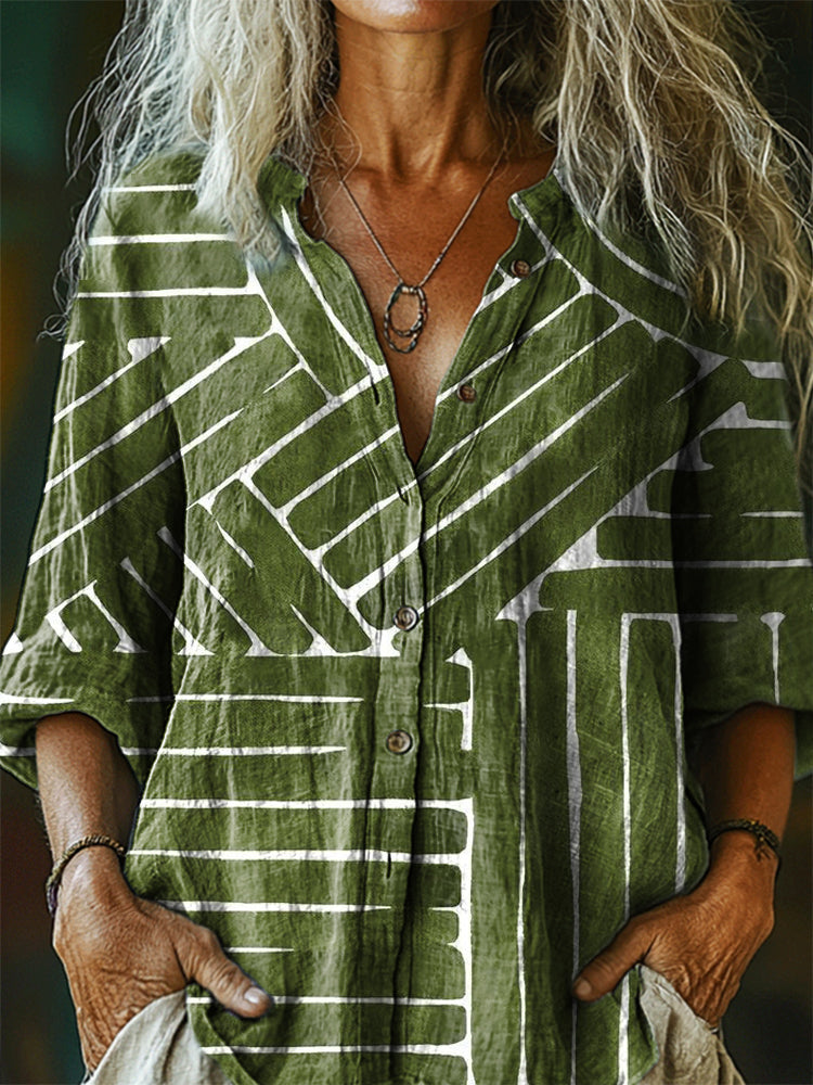 Women's Striped Tattoo Pattern Art Print Casual Cotton Linen Shirt