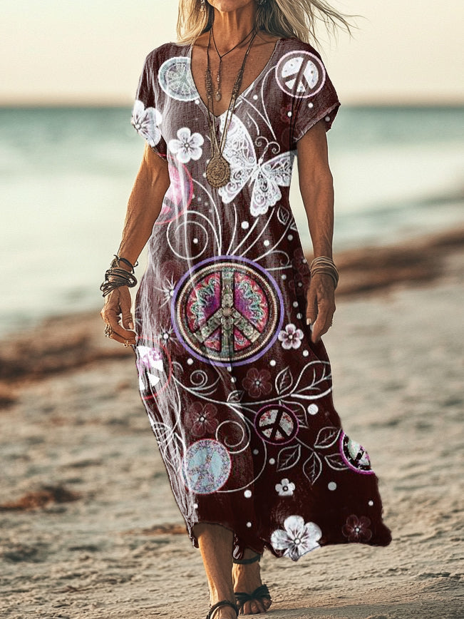 Women's Hippie Butterfly Art Print Pocket Cotton Dress