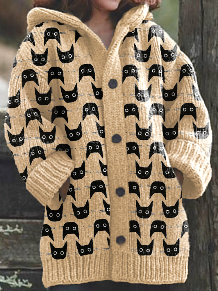 Cute Cats Pattern Cozy Knit Hooded Cardigan elevenforest