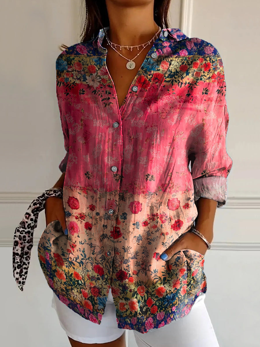 Women's Floral Pattern Art Print Casual Cotton Shirt