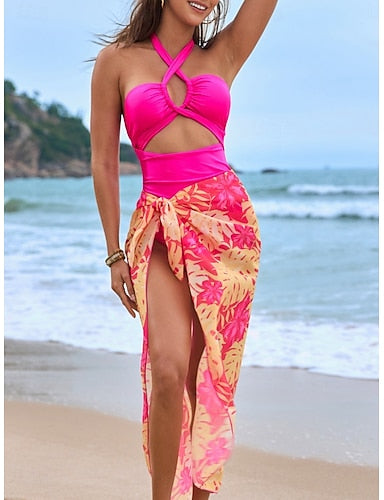 Swimwear One Piece 2 Piece Monokini Skirt Swimsuit Tummy Control High Waist Slim Backless Vacation Beach Wear Striped Halter Neck Sleeveless Bathing Suits