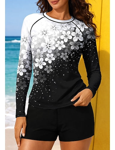 Medium Rash Guard Swimsuit Rash Guard Print Swimsuit Tropical Color-blocking 2 Piece Removable Pad Boyleg Uv Sun Protection Upf50+ Elastic Long Sleeve Swimwear Sun Shirt Surfing