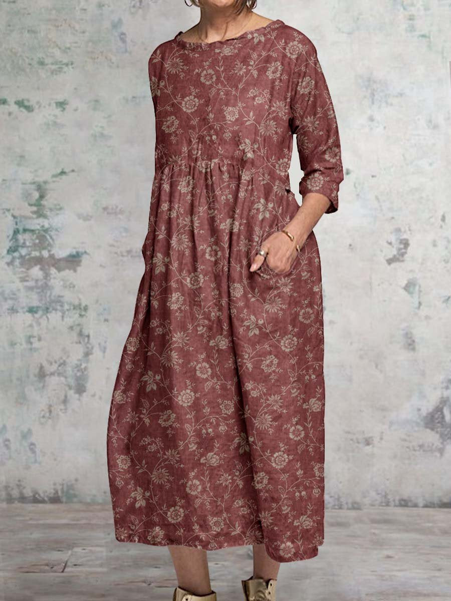 Women's Classic Floral Pattern Round Neck Cotton and Linen Top with Pockets