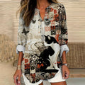Japanese Cat Vintage Floral Art Women's Linen Long Sleeve Shirt elevenforest