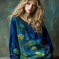 Women's Vintage Lotus Floral Landscape Art Embroidery V-neck T-shirt artswardrobe