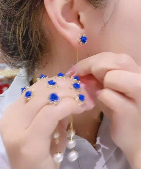 Blue Alloy Zircon Pearl Tassel Drop Earrings