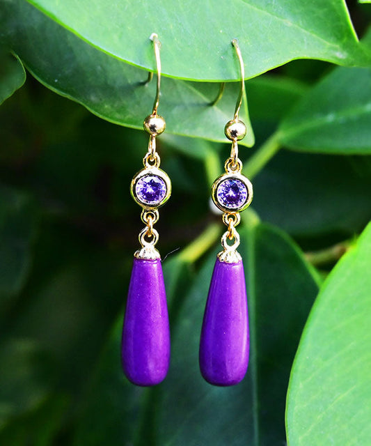 Stylish Purple 14k Gold Inlaid Mica Crystal Drop Earrings