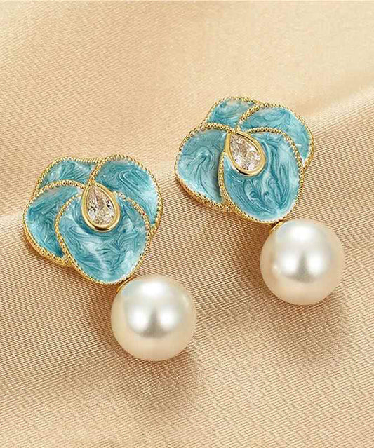 Blue Copper Alloy Pearl Enamel Drop Earrings