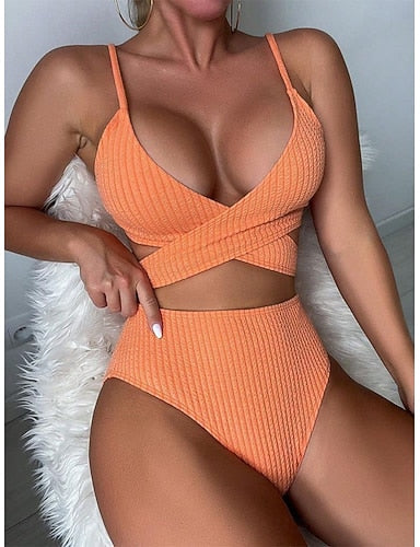 Bikini 2 Piece Swimsuit Briefs Slim Backless Vacation Beach Wear Color V Neck Sleeveless Bathing Suits