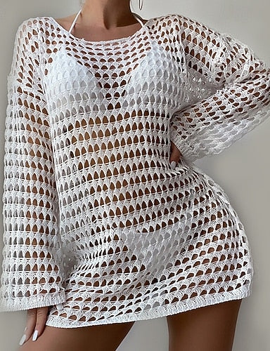 Swimwear Cover Up Swim Dress Swimsuit Cut Out Vacation Beach Wear Plain Round Neck Long Sleeve Bathing Suits