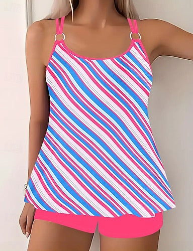Swimwear 2 Piece Shorts Swimsuit Backless Vacation Beach Wear Graphic Round Neck Sleeveless Bathing Suits