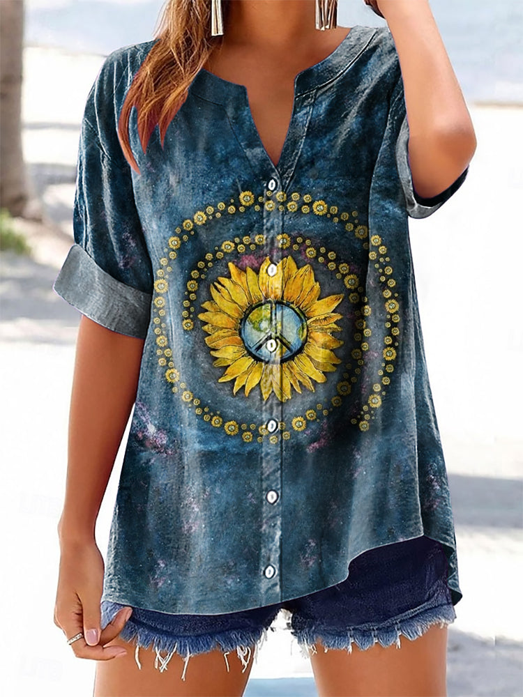 Women's Hippie Tie Dye Art Print Casual Cotton And Linen Shirt