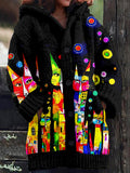 Colorful Whimsical Cats Art Cozy Hooded Cardigan elevenforest