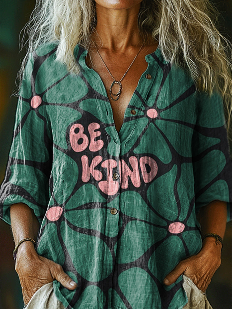 Women's Be Kind Floral Trim Pattern Art Print Linen Cotton Casual Shir