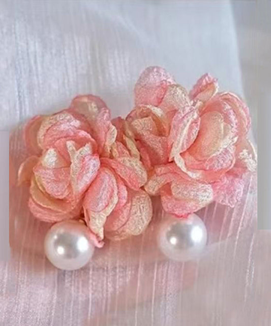 Pink Cloth Pearl Stud Earrings