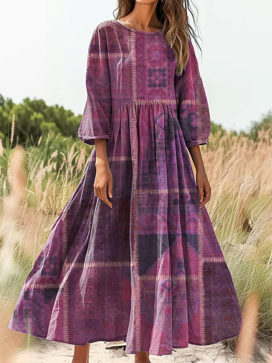 Women's Vintage Ethnic Floral Art Print Flowy Cotton Crew Neck Dress
