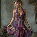 Classy Purple Roses Embroidered Flowy Wide Skirted Linen Dress artswardrobe